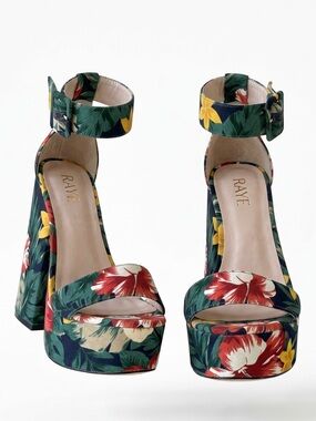 RAYE - Navy Vibrant Tropical Hibiscus Platform Sandals. Size 8